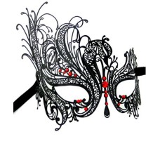 Black Swan Metal Filigree Laser Cut Venetian Mask crafted with Rhinestones -Black Swan mask with Red stones